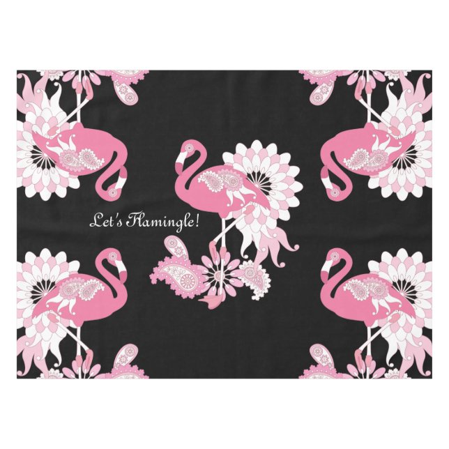 Whimsical Modern Black Pink Flamingo Tablecloth (Front (Horizontal))