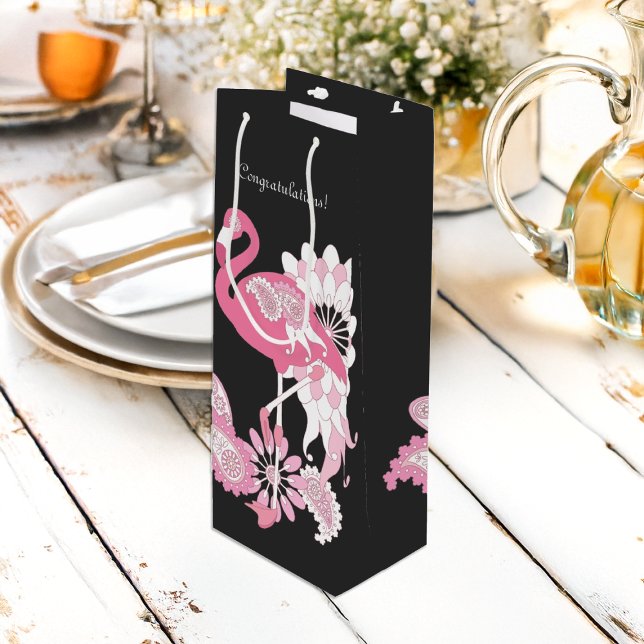 Whimsical Modern Black Pink Flamingo Wine Gift Bag (Creator Uploaded)