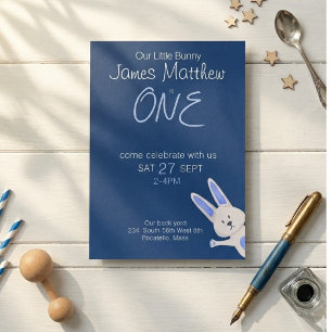 Whimsical Modern Blue Bunny 1st Birthday Invitation