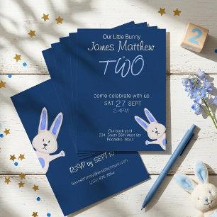 Whimsical Modern Blue Bunny 2ndt Birthday Invitation