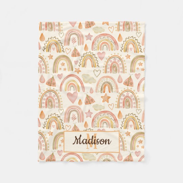 Whimsical Modern Boho Rainbow Pattern Name Baby Fleece Blanket (Front)