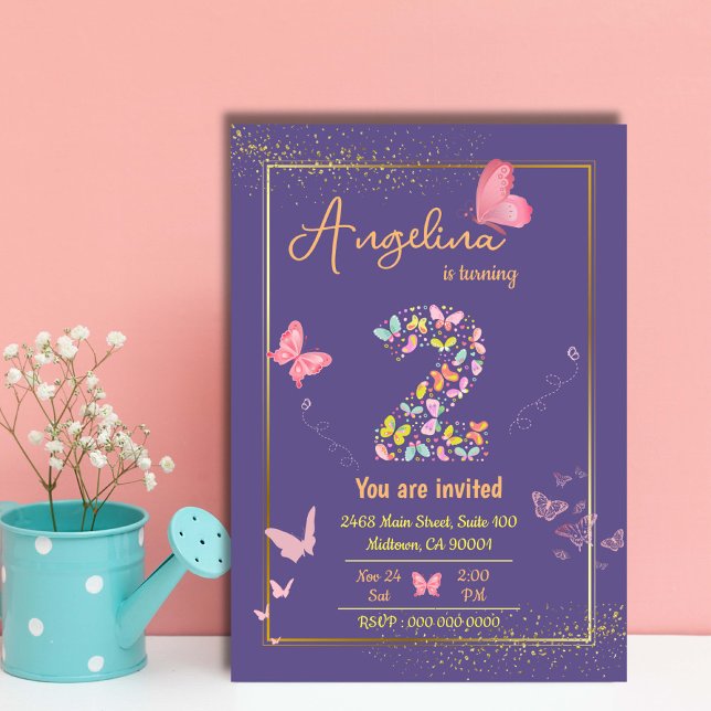Whimsical modern butterfly purple 2nd birthday invitation (Creator Uploaded)