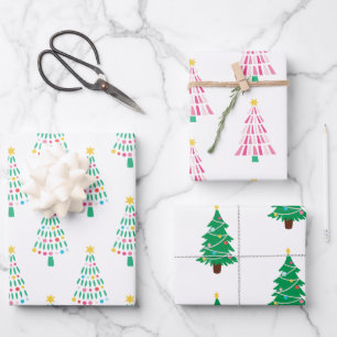 Whimsical Modern Christmas Tree Set of 3 Wrapping Paper Sheet