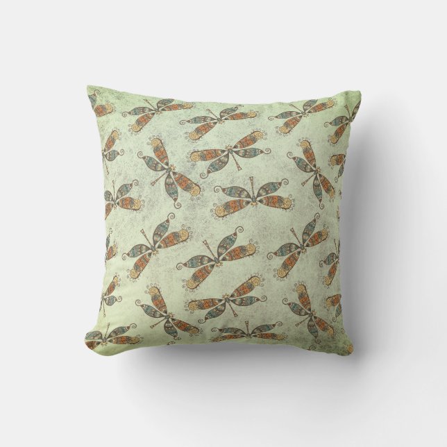 Whimsical Modern Dragonfly Pattern On Sage Green Cushion (Front)