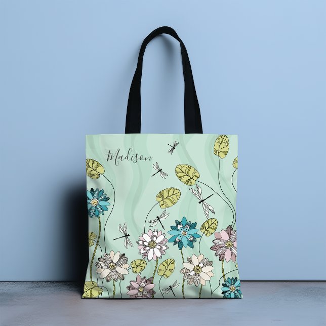 Whimsical Modern Floral Nature Girly Name Tote Bag (Creator Uploaded)