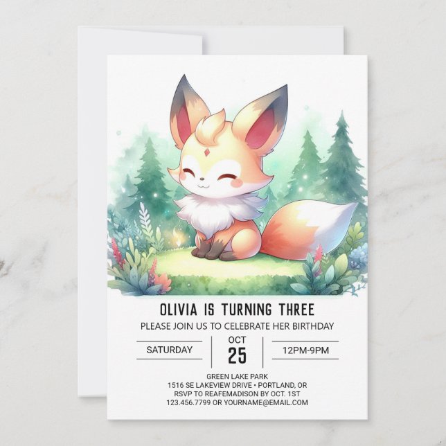 Whimsical Modern Fox Birthday digital Invitation (Front)