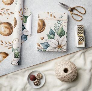 Whimsical Modern Green Gold White Christmas Floral Wrapping Paper
