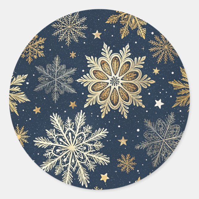 Whimsical Modern Navy Gold Snowflakes Classic Round Sticker (Front)