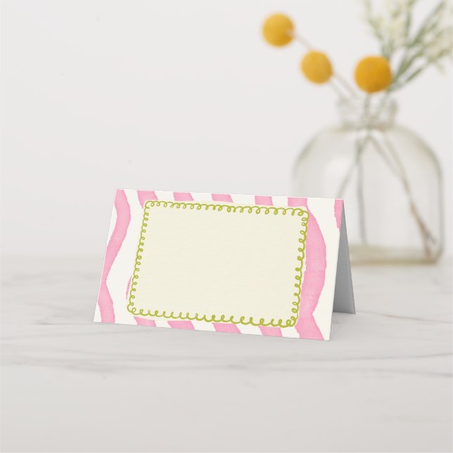 Whimsical Modern Pink & Green Wedding Place Card (Front)