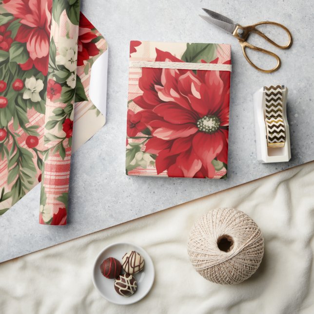Whimsical Modern Red & Green Christmas Floral Wrapping Paper (Crafts)