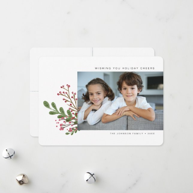 Whimsical Modern Winter Greenery 3 Photo Holiday Card (Front/Back In Situ)