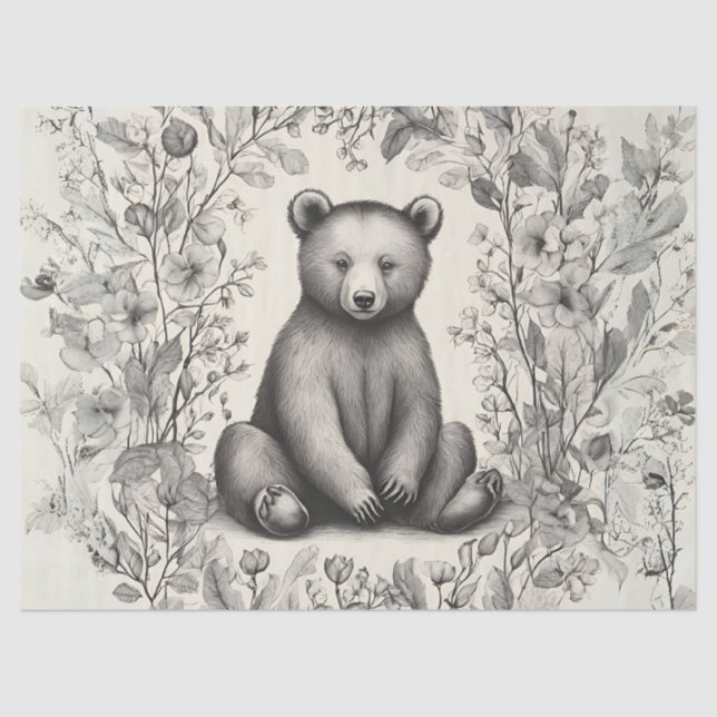 Whimsical Monochromatic Bear in the Flower Garden Tissue Paper (Front)
