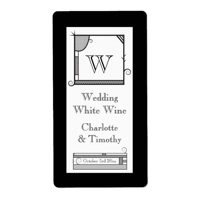 Whimsical Monogram Black and White Wine Label (Front)