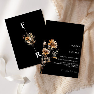 Whimsical Monogram BLack Wildflower Wedding  Invitation