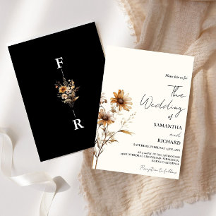 Whimsical Monogram BLack Wildflower Wedding  Invitation