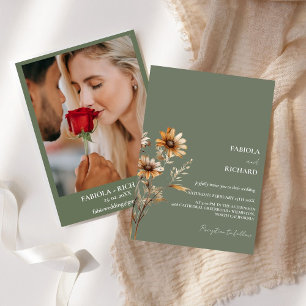 Whimsical Monogram Boho Green Wildflower Wedding  Invitation