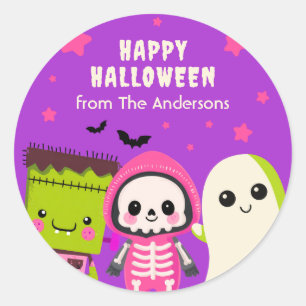 Whimsical Monster Mash Happy Halloween Purple Classic Round Sticker