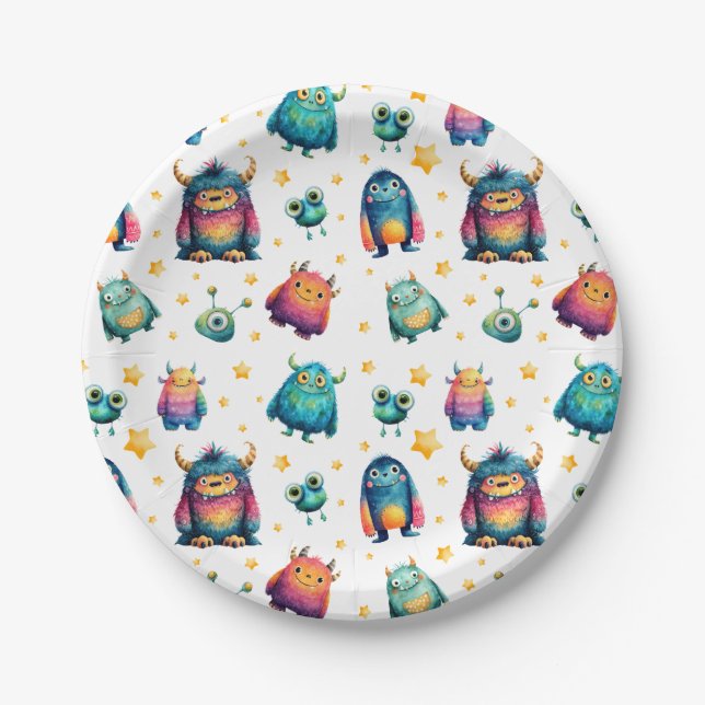 Whimsical Monster Pattern Kids' Birthday Party  Paper Plate (Front)