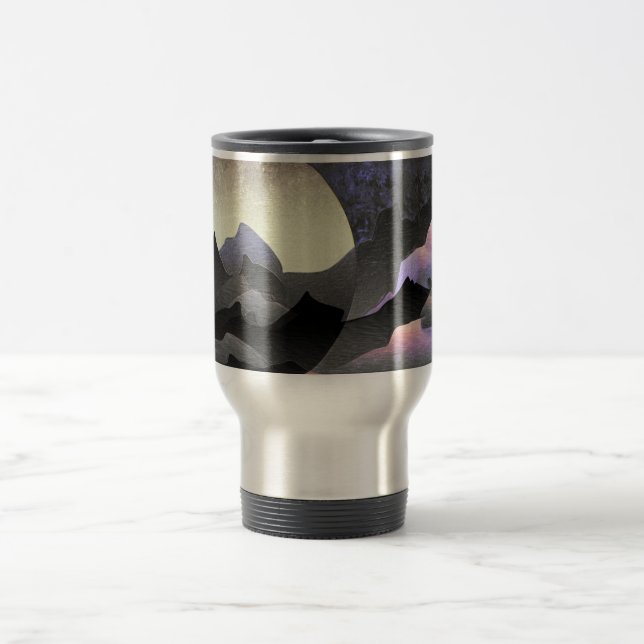 Whimsical Moon and Mountains Abstract Art Travel Mug (Center)