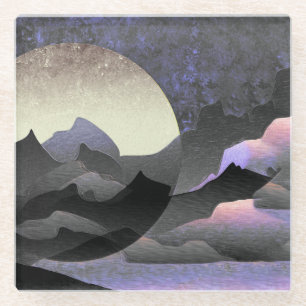 Whimsical Moon and Mountains Art Glass Coaster
