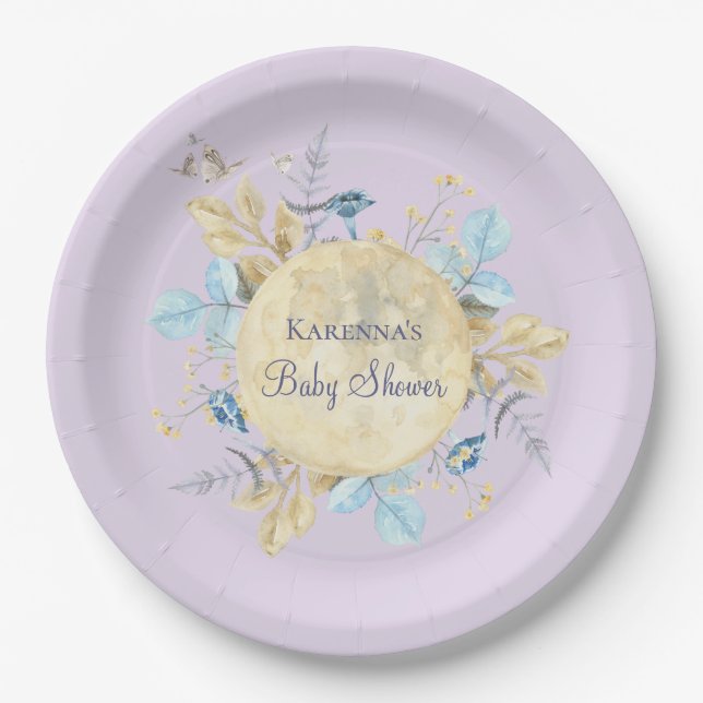 Whimsical Moon Lavender Purple Baby Shower Paper Plate (Front)