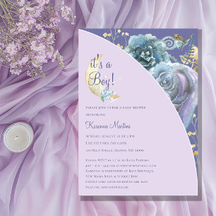 Whimsical Moon Purple It's a Boy Baby Shower Invitation