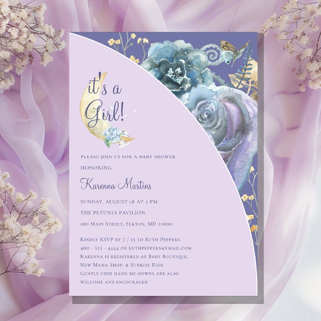Whimsical Moon Purple It's a Girl Baby Shower Invitation (Creator Uploaded)