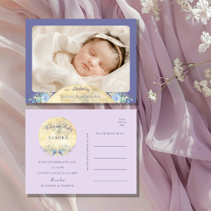Whimsical Moon Purple Photo Birth Announcement