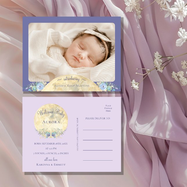 Whimsical Moon Purple Photo Birth Announcement Postcard (Creator Uploaded)