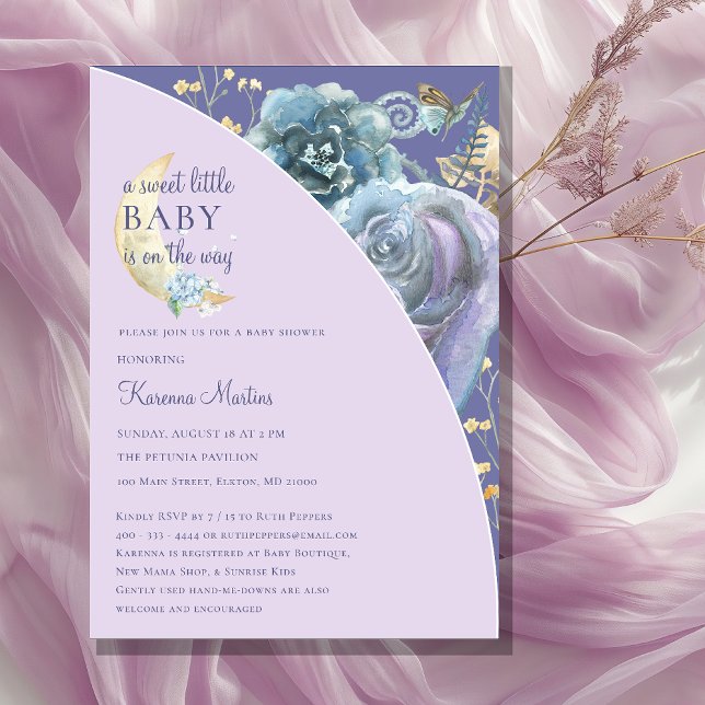 Whimsical Moon Purple Sweet Little Baby Shower Invitation (Creator Uploaded)