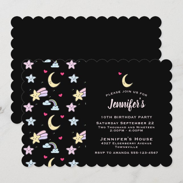 Whimsical Moon, Stars and Clouds on Black Birthday Invitation (Front/Back)