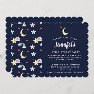 Whimsical Moon, Stars and Clouds on Blue Birthday Invitation