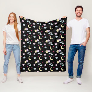 Whimsical Moon, Stars and Clouds Pattern on Black Fleece Blanket