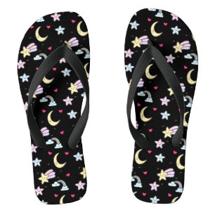 Whimsical Moon, Stars and Clouds Pattern on Black Flip Flops