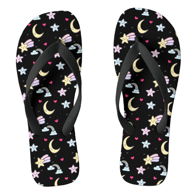 Whimsical Moon, Stars and Clouds Pattern on Black Flip Flops (Footbed)