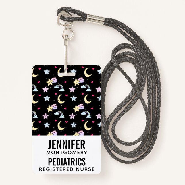 Whimsical Moon, Stars and Clouds Pattern on Black ID Badge (Front with Lanyard)