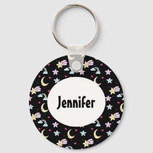 Whimsical Moon, Stars and Clouds Pattern on Black Key Ring