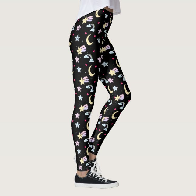 Whimsical Moon, Stars and Clouds Pattern on Black Leggings (Right)
