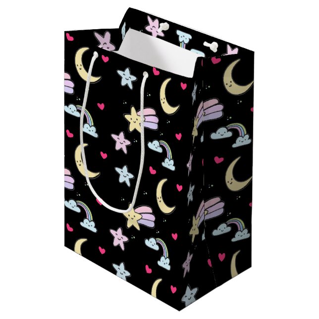 Whimsical Moon, Stars and Clouds Pattern on Black Medium Gift Bag (Front Angled)