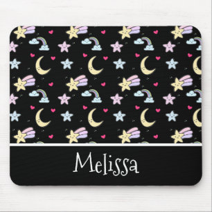 Whimsical Moon, Stars and Clouds Pattern on Black Mouse Mat