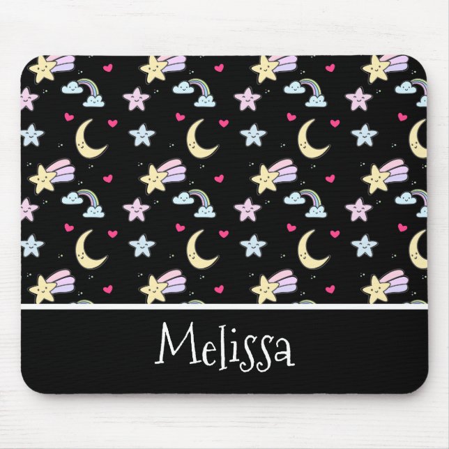 Whimsical Moon, Stars and Clouds Pattern on Black Mouse Mat (Front)
