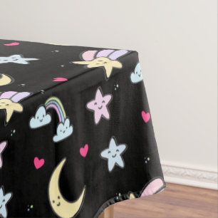 Whimsical Moon, Stars and Clouds Pattern on Black Tablecloth