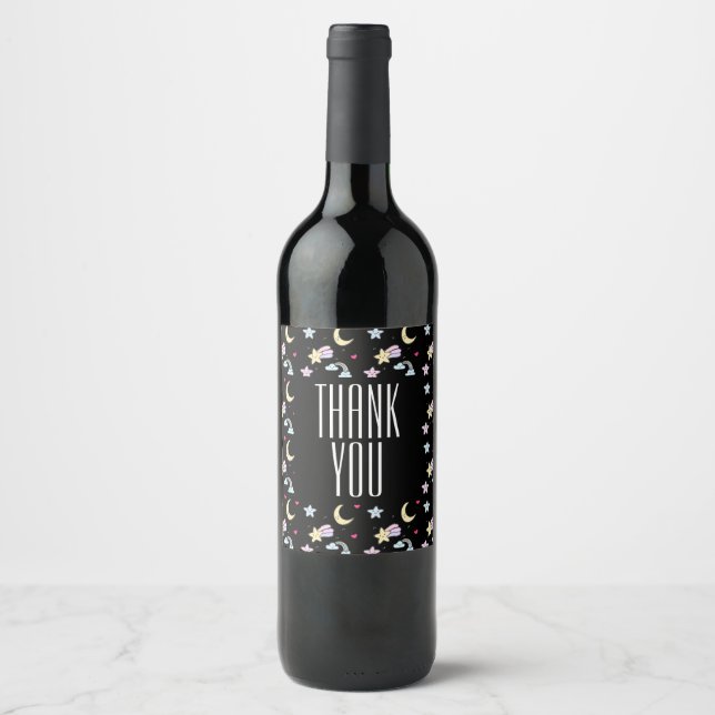 Whimsical Moon, Stars and Clouds Pattern on Black Wine Label (Front)