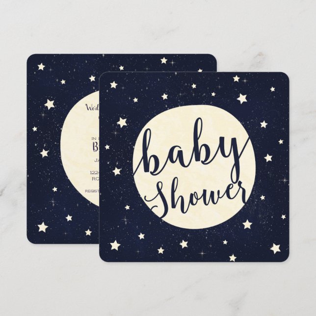 Whimsical Moon & Stars Celestial Blue Baby Shower Invitation (Front/Back)