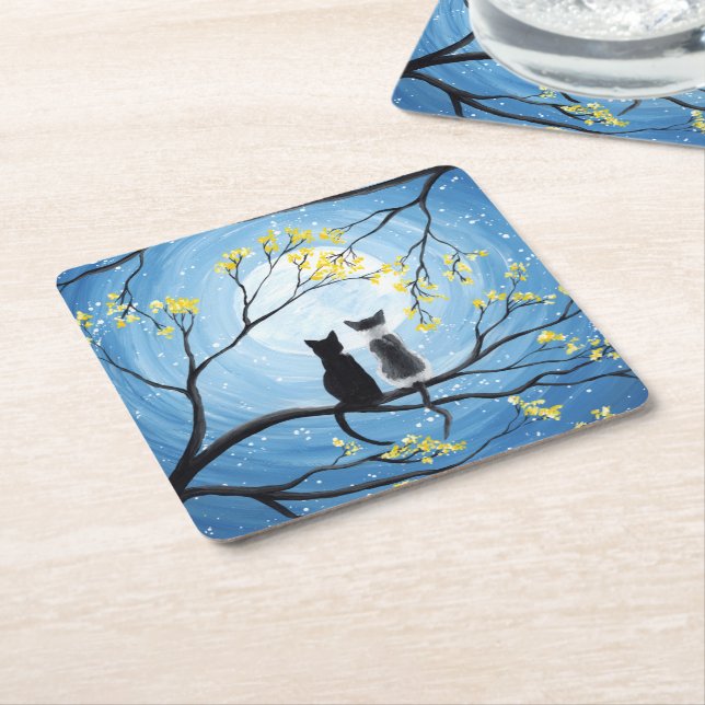 Whimsical Moon with Cats Square Paper Coaster (Angled)