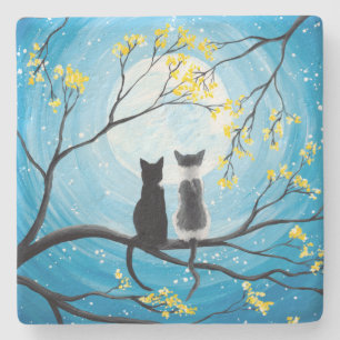 Whimsical Moon with Cats Stone Coaster