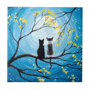 Whimsical Moon with Cats Tile