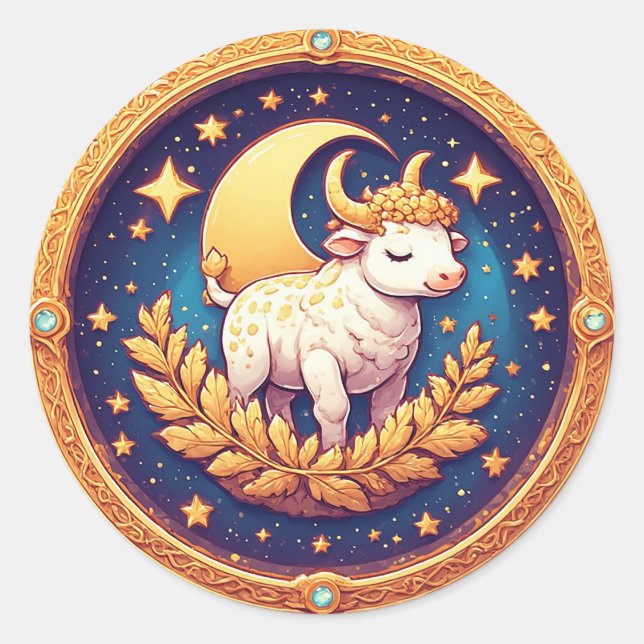 Whimsical Moonlit Ox Medallion Artwork Classic Round Sticker (Front)