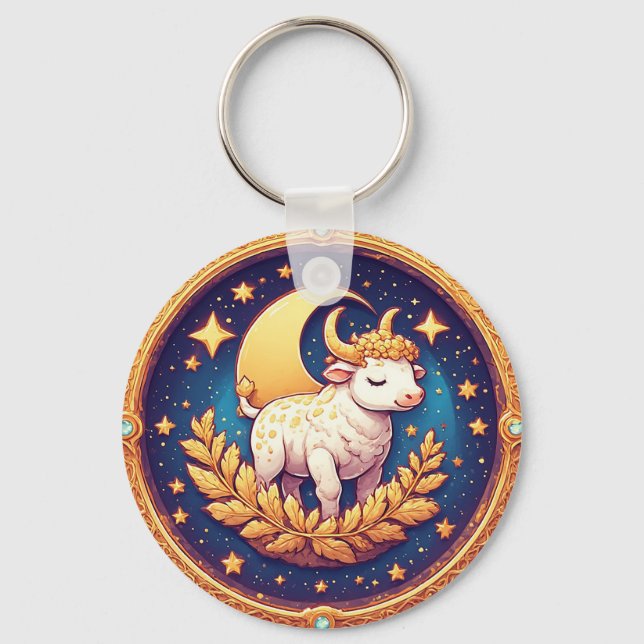 Whimsical Moonlit Ox Medallion Artwork Key Ring (Front)