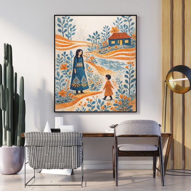 Whimsical Mother and Child Folk Art Illustration Poster (Creator Uploaded)